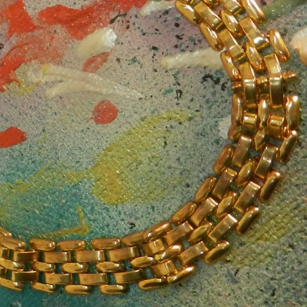 VTG gold metal chain necklace basketweave gold tone chunky link metallic choker